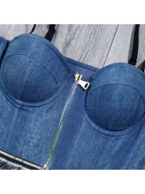 European fashion Backless stretch denim zipper vest sexy tube top