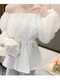 Pleated   sweet lantern sleeves waist  thin one-shoulder mesh long-sleeved top