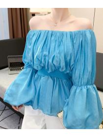 Pleated   sweet lantern sleeves waist  thin one-shoulder mesh long-sleeved top