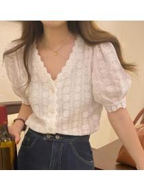 Discount V  Collars Lace Hollow Out Blouse 
