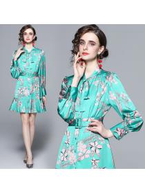 Spring new Vintage style print lace-up Slim elegant temperament high-end dress