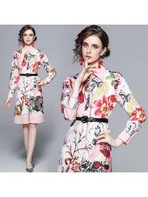 European fashion ladies temperament Floral print shirt dress