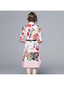 European fashion ladies temperament Floral print shirt dress