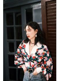 Vintage style floral print lantern sleeve shirt long-sleeved top for women