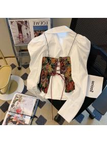 White puff sleeve shirt women's Vintage style Camisole two-piece set