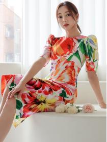 Korean Style  retro print slim mid-length fashion hip dress