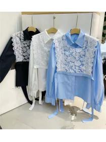 New fashion female Korean style polo neck long-sleeved shirt + lace shawl Two-piece set