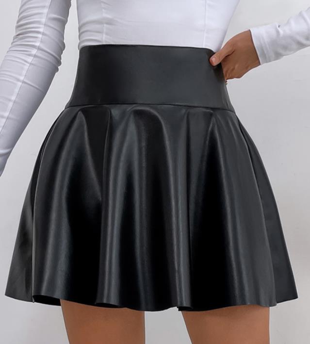 Fashionable Waist Pure Color PU  Slim Skirt