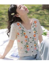 Women's hollow crochet floral top with design sense short sleeve shirt