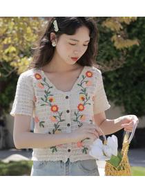 Women's hollow crochet floral top with design sense short sleeve shirt