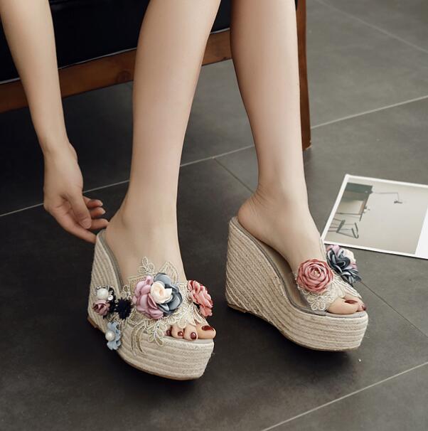 Summer new flower pearl transparent wedge- heel slippers