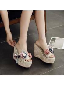 Summer new flower pearl transparent wedge- heel slippers