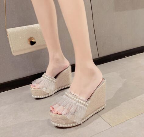 Women's matching pearl Wedge-heel platform Slipper