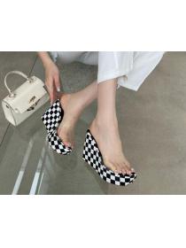 Outlet Checkerboard color matching high-heeled transparent plastic Slipper