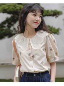 Embroidered doll collar loose Pure Color Blouse 