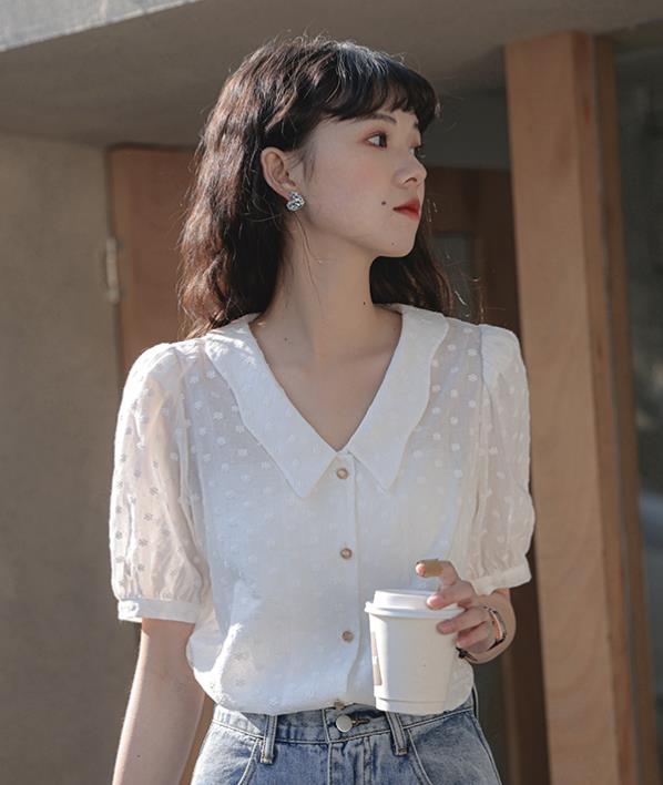 Embroidered doll collar loose Pure Color Blouse