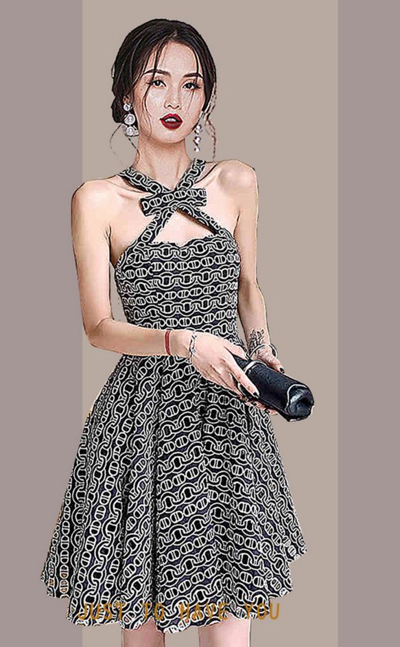 Vintage halterneck cutout pattern slim fit dress