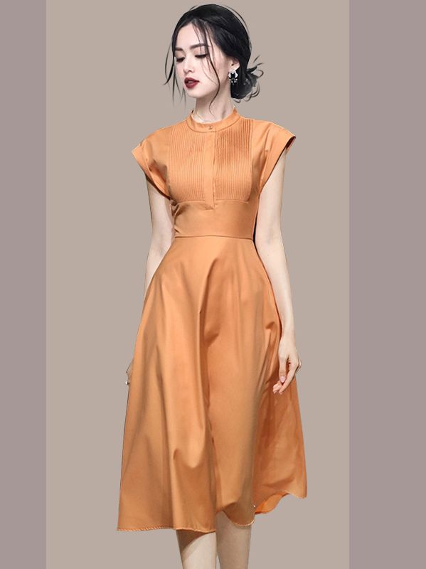 Retro waist mid-length sleeveless lining thin  elegant long dress