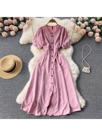 Summer new Korean fashion plain color short-sleeved dress button long dress