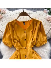 Summer new Korean fashion plain color short-sleeved dress button long dress