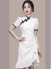 Korean Style  elegant flower lace stitchin shoulder Dress