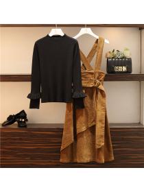 【L-4XL】Autumn and winter sweater bottoming shirt + corduroy strap skirt