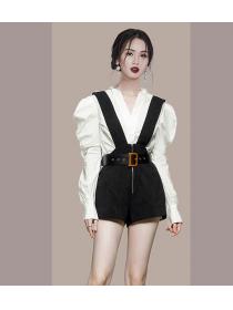 Korean Style Pure Color Puff Sleeve Top+Tall Waist Jumpsuits 