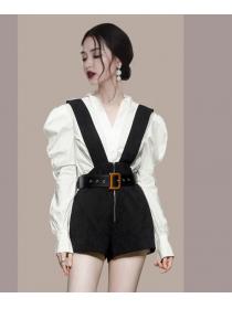 Korean Style Pure Color Puff Sleeve Top+Tall Waist Jumpsuits 