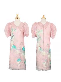 Korean Style  temperament Lapel Puff Sleeve Printed Organza  Dress
