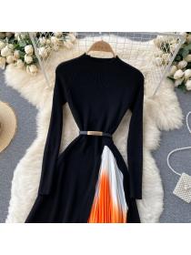 Elegant style Knitted Splicing Gradient Pleated Long-sleeved Dress 