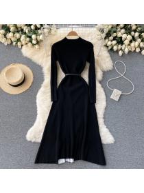 Elegant style Knitted Splicing Gradient Pleated Long-sleeved Dress 