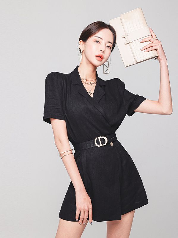 Korean Style V  Collars Puff Sleeve Drape Dress