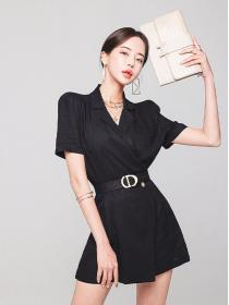 Korean Style V  Collars Puff Sleeve Drape Dress 
