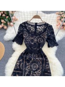 Summer new dress temperament round-neck slim mid-length sweet lace dress
