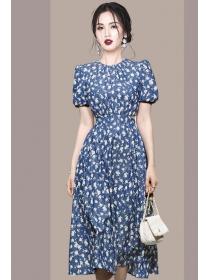 Fashionable Lantern Sleeves Short Sleeves Show Waist Swing Mid Length Printed Denim Dress