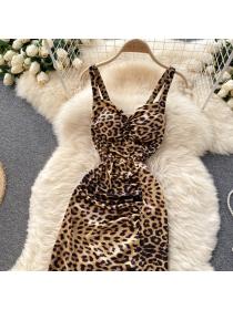 Summer new vintage style leopard print sexy V-neck Sling dress