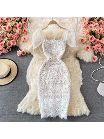 Square-neck Puff Sleeves High Waist Slim Fit Mid-Length Lace Dress
