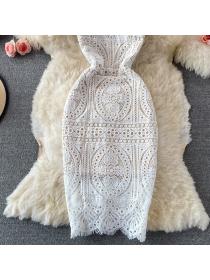 Square-neck Puff Sleeves High Waist Slim Fit Mid-Length Lace Dress