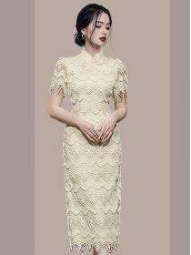 Stand Collar Pearl Buckle Vintage Custom Lace Mid Length Cheongsam Dress
