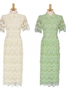 Stand Collar Pearl Buckle Vintage Custom Lace Mid Length Cheongsam Dress
