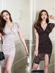 Korean Style  V-neck fashion floral high slit slim fit  design package hip Dress