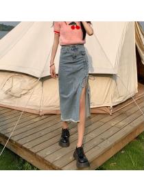 Summer plus size high waist mid-length split a-line skirt