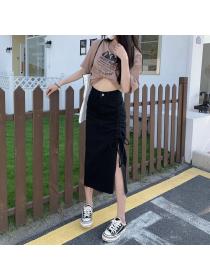 Summer plus size high waist mid-length split a-line skirt