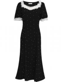 Fashion Lace Square Neck Puff Sleeve Retro Hepburn Black Pearl Midi Dress