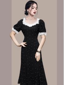 Fashion Lace Square Neck Puff Sleeve Retro Hepburn Black Pearl Midi Dress