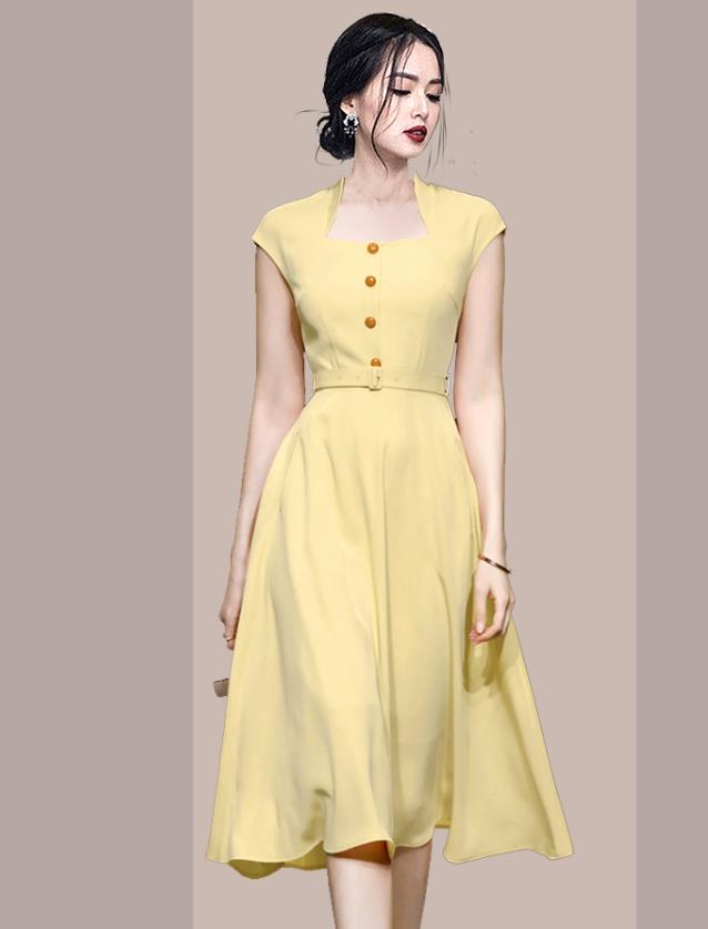 Simple Pure Color Show Waist Fashion Dress