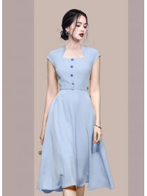 Simple Pure Color Show Waist Fashion Dress