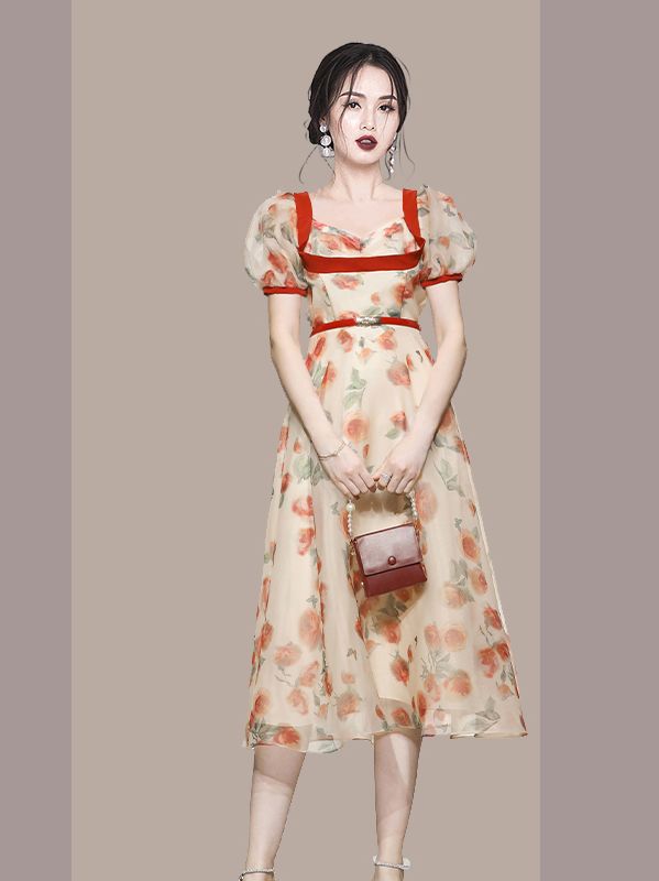 Romantic Rose Print Retro Lantern Sleeve Wavy Swing Pastoral Dress