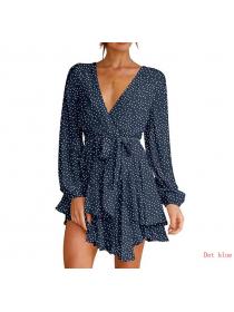 Outlet V-neck printed long-sleeved sexy  women's ruffled dress
