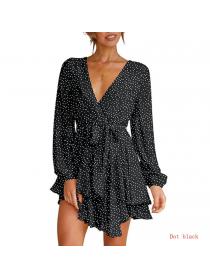Outlet V-neck printed long-sleeved sexy  women's ruffled dress